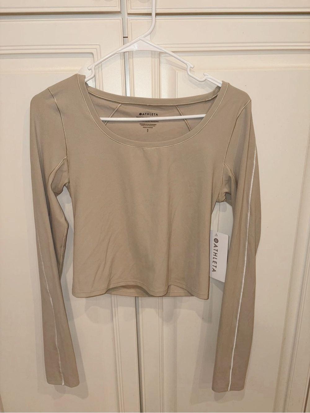 Athleta Beige Long-Sleeve Top with Contrast Stitching
